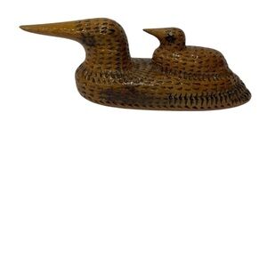Hand-Carved Wooden Loon Sculpture - Mother and Baby Bird Figurine